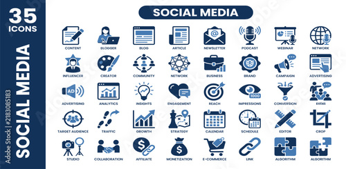 Social Media icon set. Online community, media, website, blog, content, business marketing and social network icons. Solid icon collection.