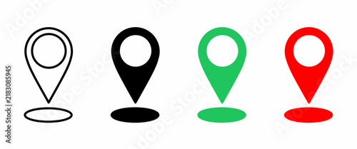 Location pin icon set with outline, black, green and red map markers and oval shadows, isolated on white background for navigation, mapping, interface and graphic design.