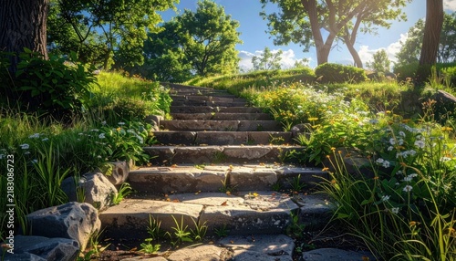 Stone garden steps leading up through a sunlit lush green park.