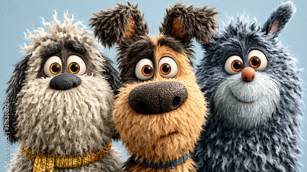 Obraz premium Three cartoon dogs with exaggerated features are digitally rendered