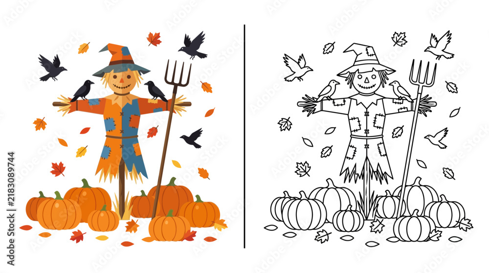 Fototapeta premium Happy Scarecrow with Pumpkins and Birds, Fall Season Illustration