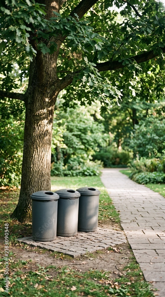 Obraz premium Three grey garbage bins stand neatly on a paved pad beside a walking path under a large leafy tree in a peaceful public park