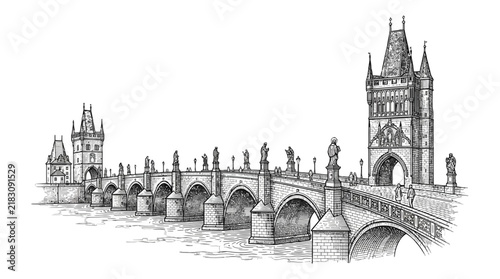 Detailed ink vector illustration of historical Charles bridge in Prague showing ornate gothic stone towers