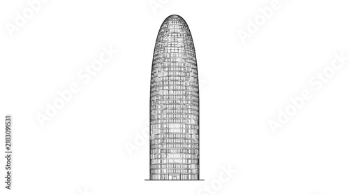 Modern skyscraper bullet shaped office tower vector illustration featuring clean lines and precise architectural structural details