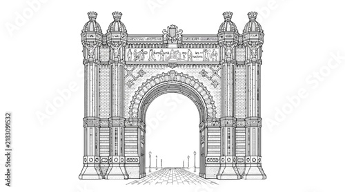 Arc de Triomf in Barcelona rendered as a detailed black and white line art vector illustration