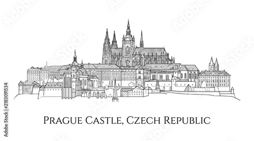 Prague castle landmark illustrated as a clean black and white vector graphic for architectural design projects