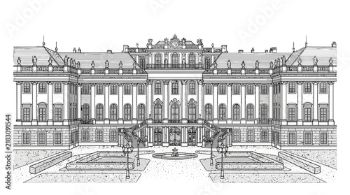 Detailed vector illustration of the baroque Belvedere palace facade featuring intricate architectural design and elegant statues