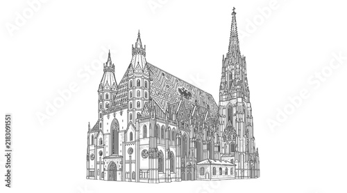 Detailed stipple sketch of saint stephens cathedral vienna rendered as a clean monochrome vector graphic illustration