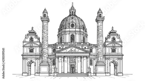 Detailed vector illustration of Saint Charles Church in Vienna featuring ornate baroque architectural style building facade