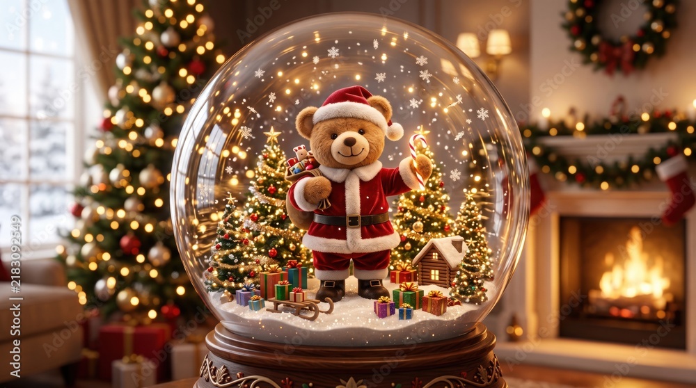 Fototapeta premium Charming christmas snow globe showcasing a santa bear with an array of gifts and festive holiday decorations