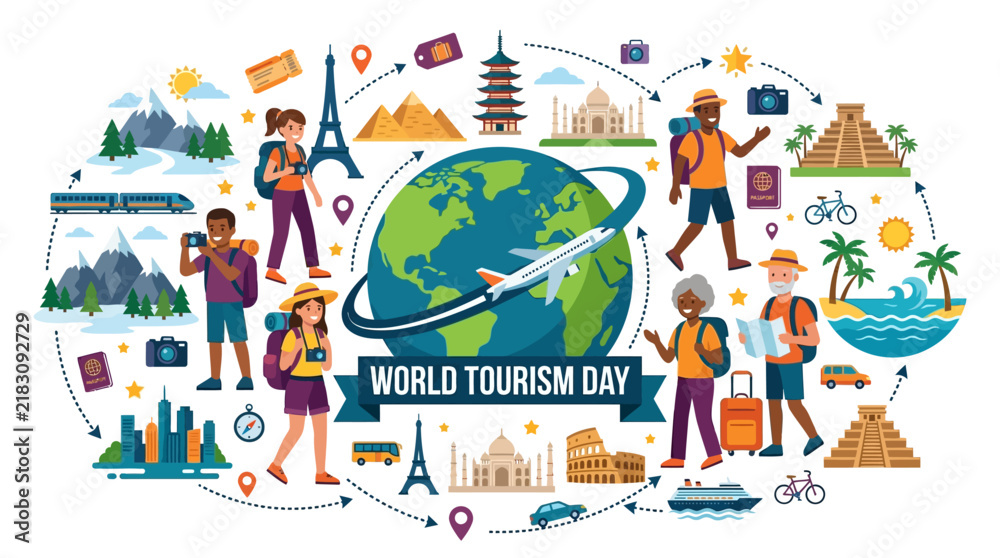 Naklejka premium World Tourism Day Travel Route and Global Sightseeing Vector Illustration