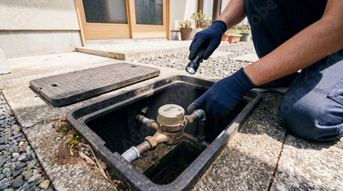 住宅の水道メーターを確認して隠れた漏水を調査する作業員