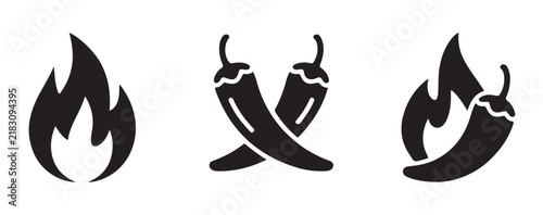 Spicy food icons featuring fire flame and crossed black chili peppers for packaging design and restaurant.