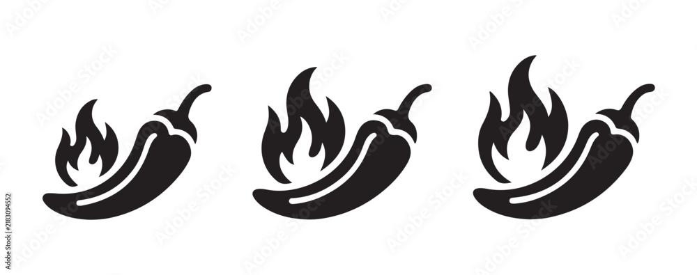 Obraz premium Spicy black hot chili pepper and flame icon set on transparent background for food labels and web menus.