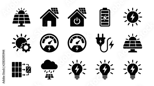 Solar energy icons set showing photovoltaic panels battery storage and power generation