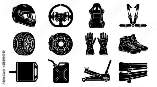 Motorsport equipment silhouette icon set featuring racing helmet wheel tire and gear