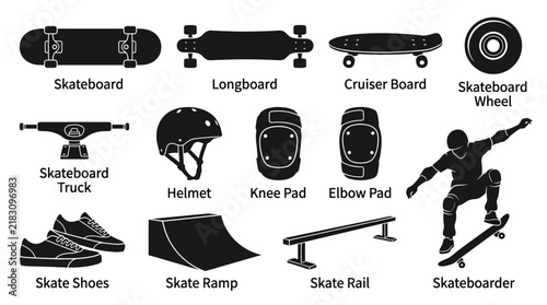 Skateboard equipment and gear vector silhouette icon set with boards and protective wear