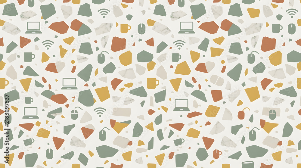 Seamless Modern Terrazzo Vector Pattern Featuring Remote Work Icons Like Laptop Wifi and Coffee Mugs in Sage and Terracotta