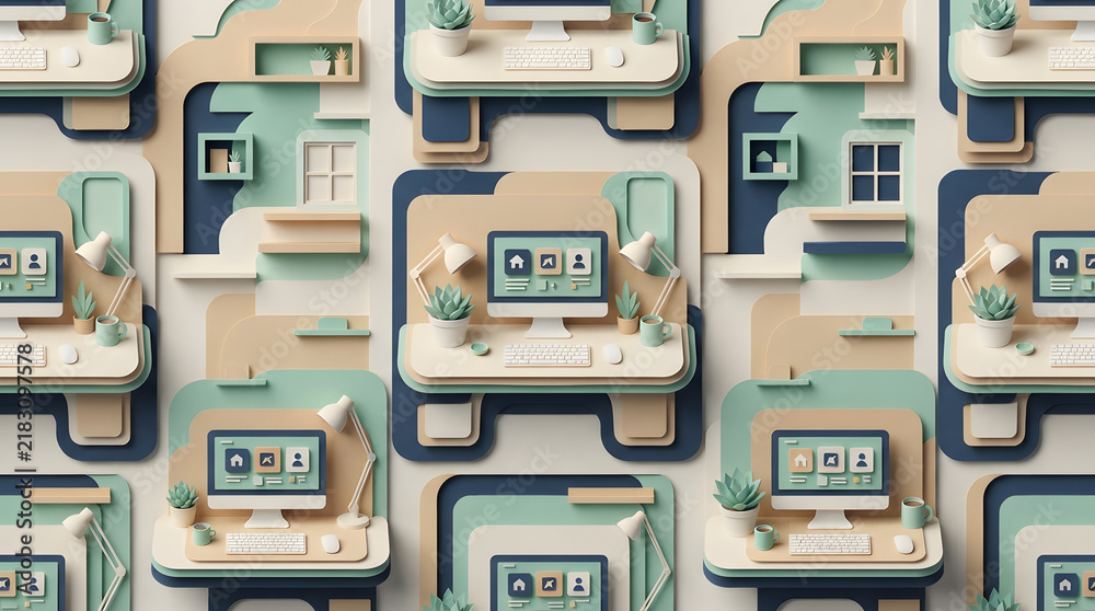 Seamless 3D papercut pattern featuring modern home office workstations, monitors, lamps, and plants in a layered papercraft artistic style.