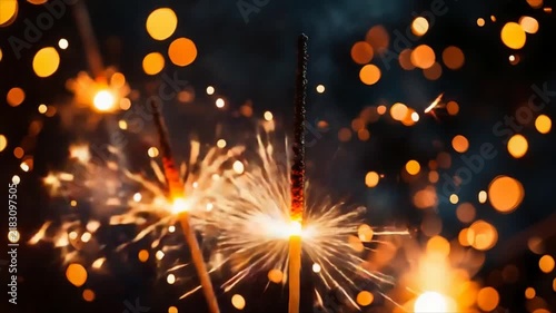 Burning bengal lights with golden sparks and bokeh on dark background. Sparkler firework burning over time. Holiday celebration, new year and party concept. Macro close-up of glowing flame.