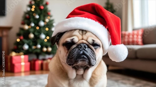 Cute pug dog in red santa hat near decorated christmas tree with gifts at home. Adorable pet celebrating winter holiday. Festive new year greeting concept for card