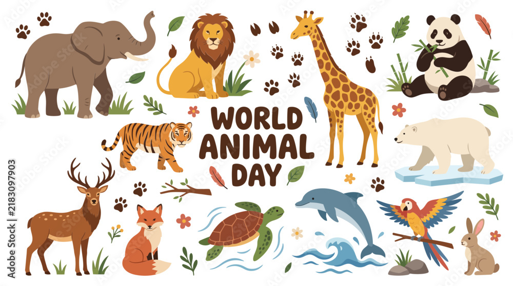 Obraz premium World Animal Day banner with wild zoo animals and cute nature wildlife characters