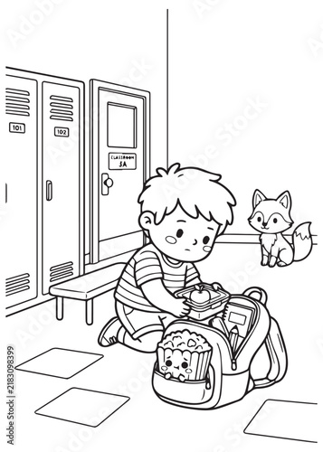 Popcorn School Break with Boy and Curious Cat Coloring Book Page – Cute Snack Time Adventure