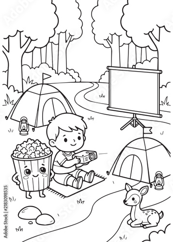Popcorn Camping Adventure with Excited Boy and Woodland Friends Coloring Book Page – Outdoor Kids Fun