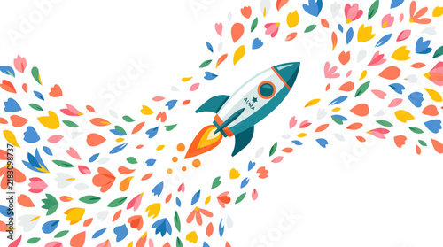 Colorful Flower Petals Trail Behind Flying Rocket Ship
