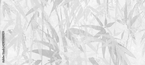 grey textured background featuring a subtle, abstract silhouette pattern of bamboo leaves and branches.