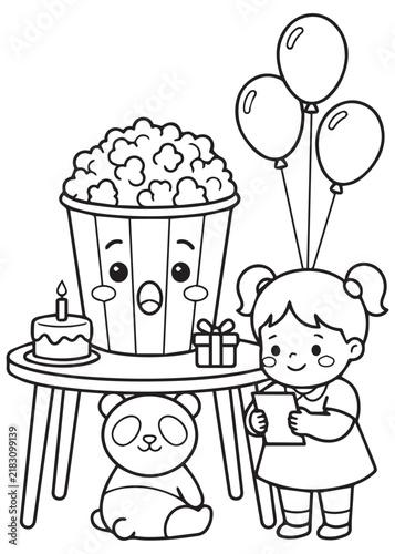 Birthday Popcorn Celebration with Little Girl and Teddy Bear Coloring Book Page – Cute Party Treat