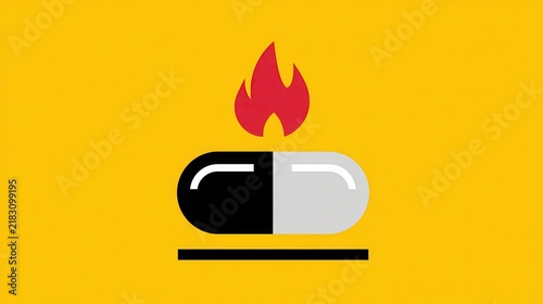 Black and White Capsule with Flame on Bright Yellow Background