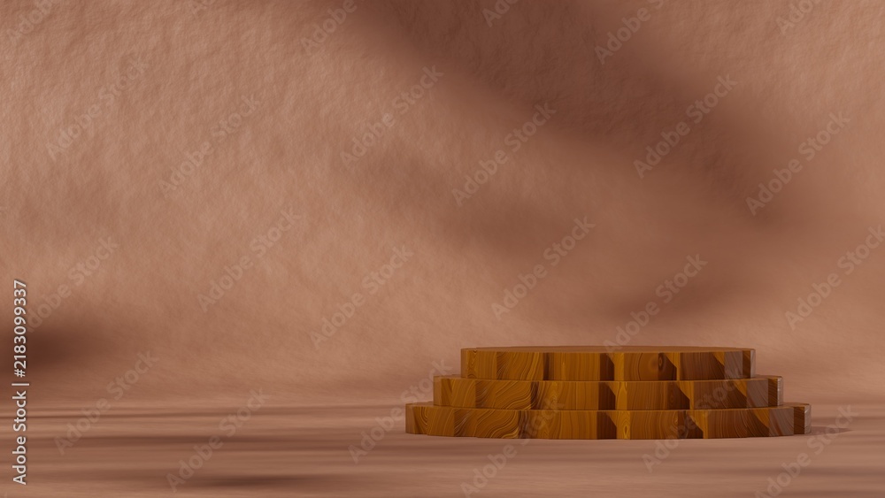 Obraz premium 3d render empty scene wood texture curved cylinder in landscape arch and blocks