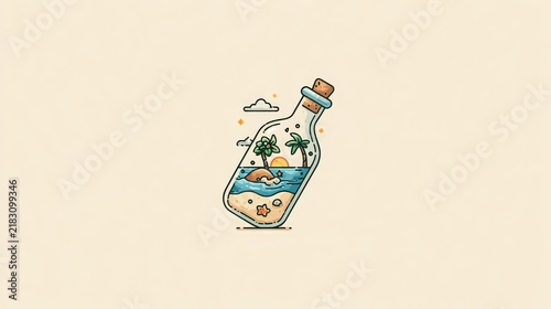 Tropical Beach Sunset Illustration Inside a Glass Bottle Design