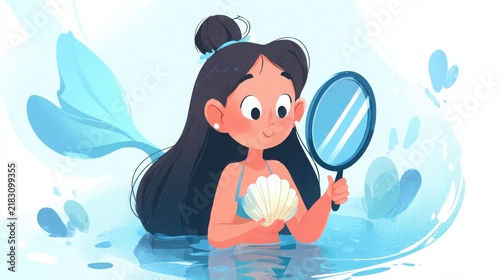Cute Cartoon Mermaid Holding Shell with Mirror in Colorful Water