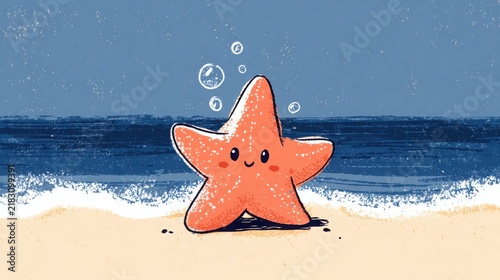 Happy Starfish Illustration at the Beach with Bubbles and Waves