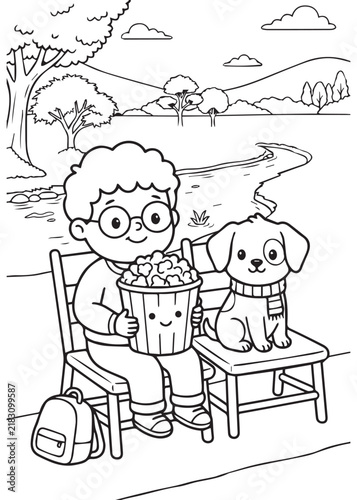 Lakeside Popcorn Picnic with Boy and Friendly Dog Coloring Book Page – Happy Outdoor Snack Scene