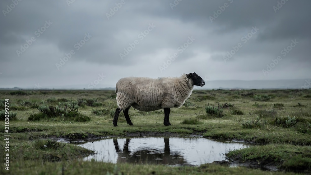 Fototapeta premium Sheep standing beside a reflective pond in a misty green landscape under a cloudy sky