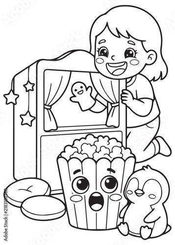 Popcorn Puppet Show with Laughing Girl and Bunny Coloring Book Page – Playful Kids Theater Fun