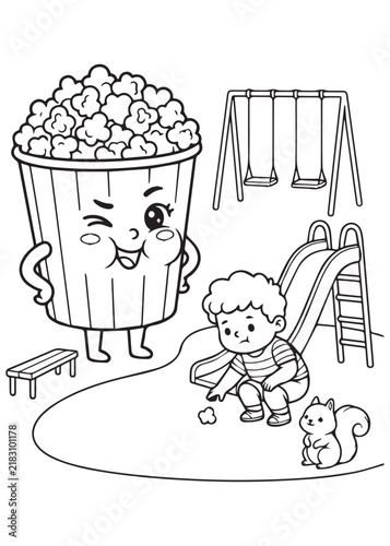 coloring book page featuring a giant popcorn character playfully interacting with a young child at an outdoor playground. The popcorn has a playful winking expression,