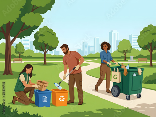 Diverse Volunteers Working Together to Clean Up and Recycle Waste in a Beautiful Urban City Park