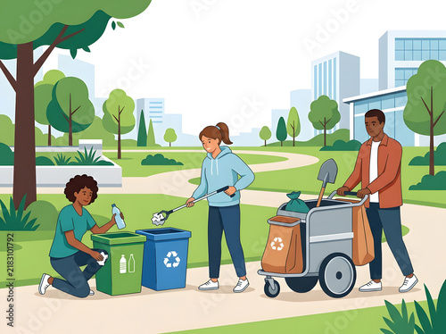 Diverse Volunteers Working Together to Clean up a Green Urban Park Environment for Sustainability