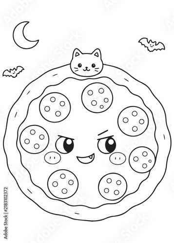 Coloring Page Book Mischievous Halloween Pizza with Cat Topper and Moonlit Spooky Decorations Cute Kawaii Food Character