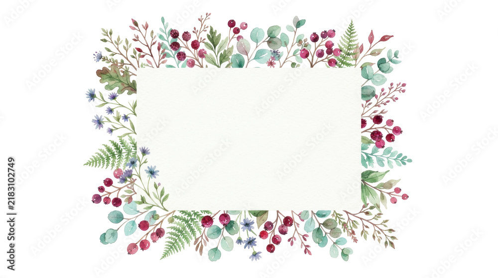 Obraz premium Watercolor floral frame with berries and eucalyptus leaves for invitations