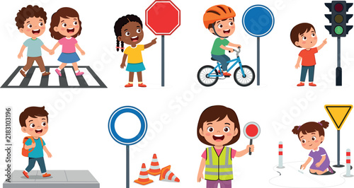 Road safety education vector icon set featuring cute cartoon children learning traffic rules crossing streets and using signs or signal lights