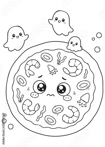 Coloring Page Book Sweet Halloween Pizza with Ghosts and Heart Decorations Cute Kawaii Spooky Food Illustration