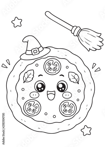 Coloring Page Book Playful Halloween Pizza with Witch Broom and Star Decorations Cute Kawaii Spooky Food Character