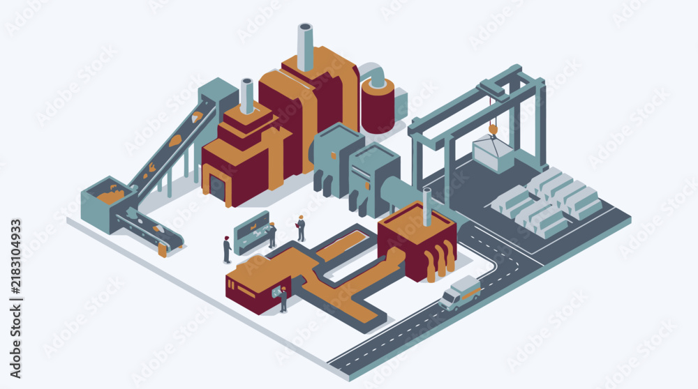 Obraz premium Corporate Isometric of Industrial Factory with Workers Machinery and Logistics Operations with high quality professional line art symbols for modern creative design and digital branding projects