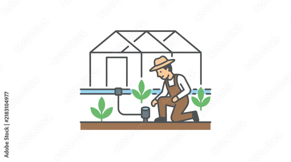 Fototapeta premium Creative of Gardener Tending Hydroponic Plants in a Greenhouse with Watering System with high quality professional line art symbols for modern creative design and digital branding projects