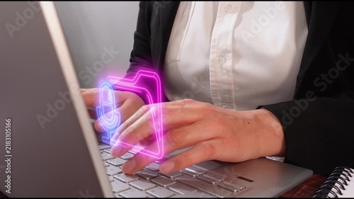 Audio folder. Businesswoman holding a smartphone, with a virtual icon of a folder featuring a microphone.